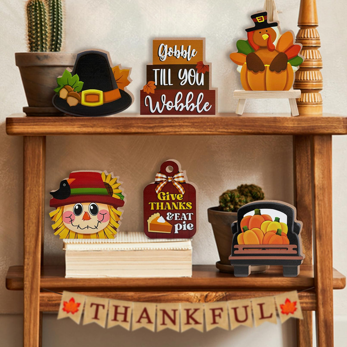 Guoofu 7 Pcs Thanksgiving Tiered Tray Decor, Fall Turkey Pumpkin Truck Scarecrow Farmhouse Wood Decorations Set, Autumn Harvest Give Thanks Rustic Wooden Decorative Signs for Home Table Shelf Guoofu
