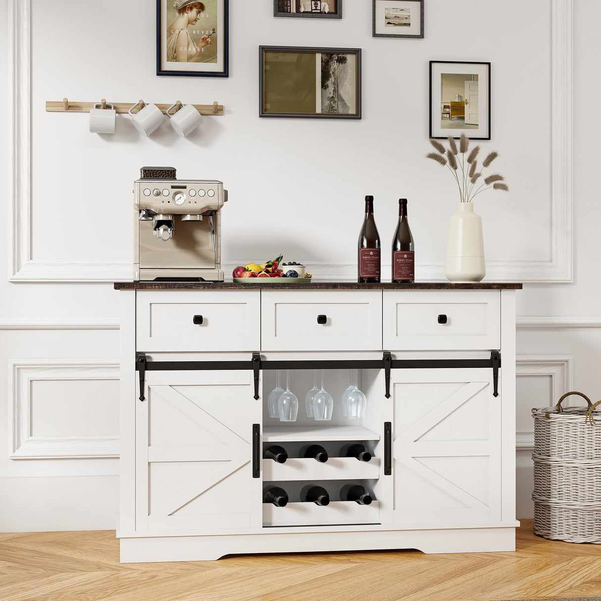 Kmax Farmhouse Wine Bar Cabinet w, 54” Buffet Cabinet with Storage, Rustic White Coffee Bar Cabinet with Sliding Barn Doors, Wine/Glass Rack & 3 Drawers for Living, Dining Room, Black Top Kmax