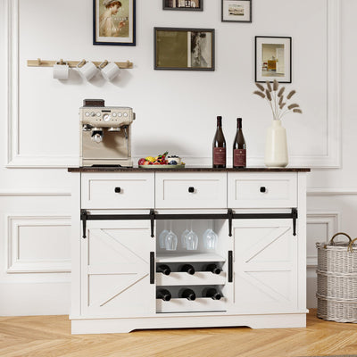 Kmax Farmhouse Wine Bar Cabinet w, 54” Buffet Cabinet with Storage, Rustic White Coffee Bar Cabinet with Sliding Barn Doors, Wine/Glass Rack & 3 Drawers for Living, Dining Room, Black Top