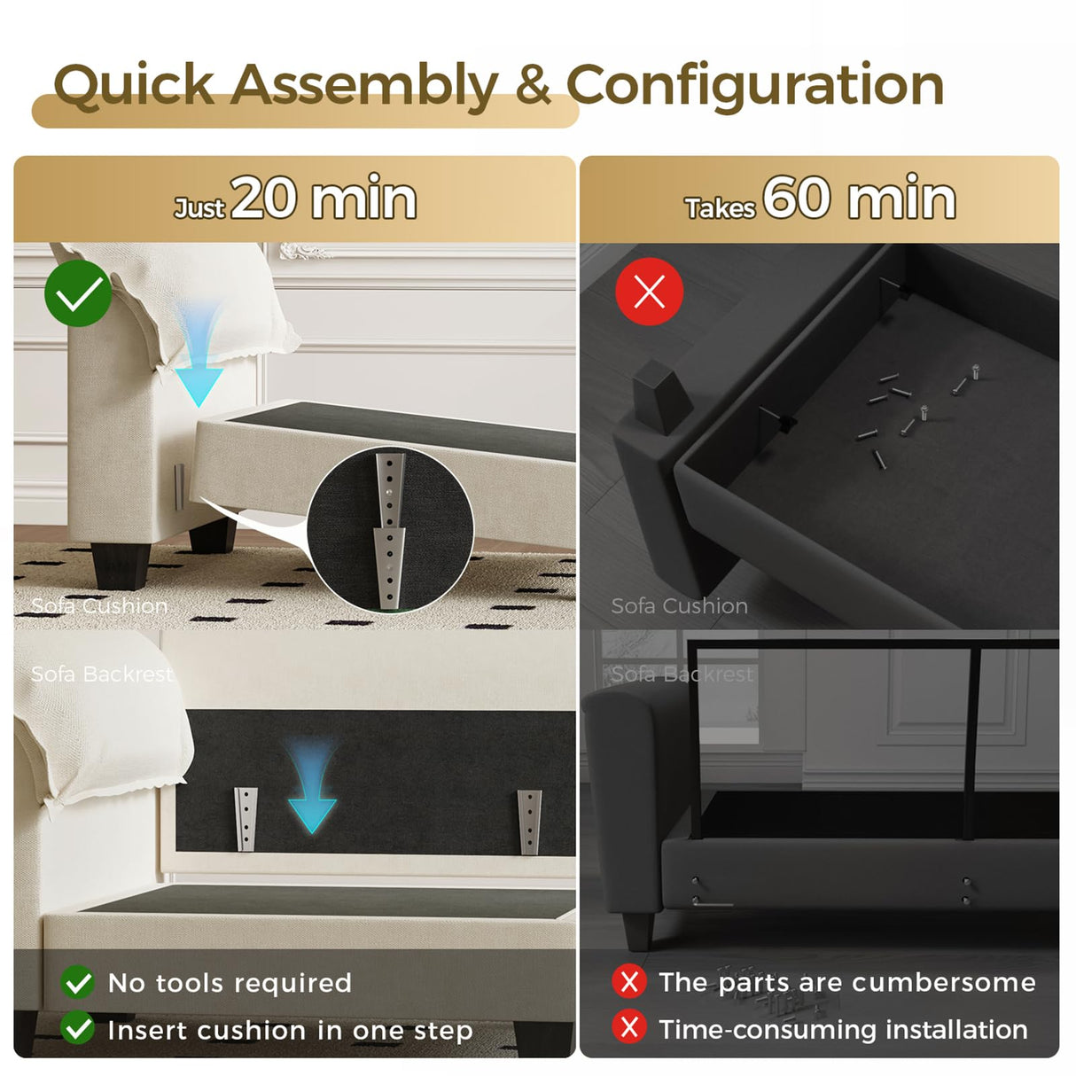 KKL J-Shaped Modular Sectional Sofa, 5 Seater Cloud Couch with Ottoman, Chenille Sectional Couches for Living Room, Apartment, Beige KKL