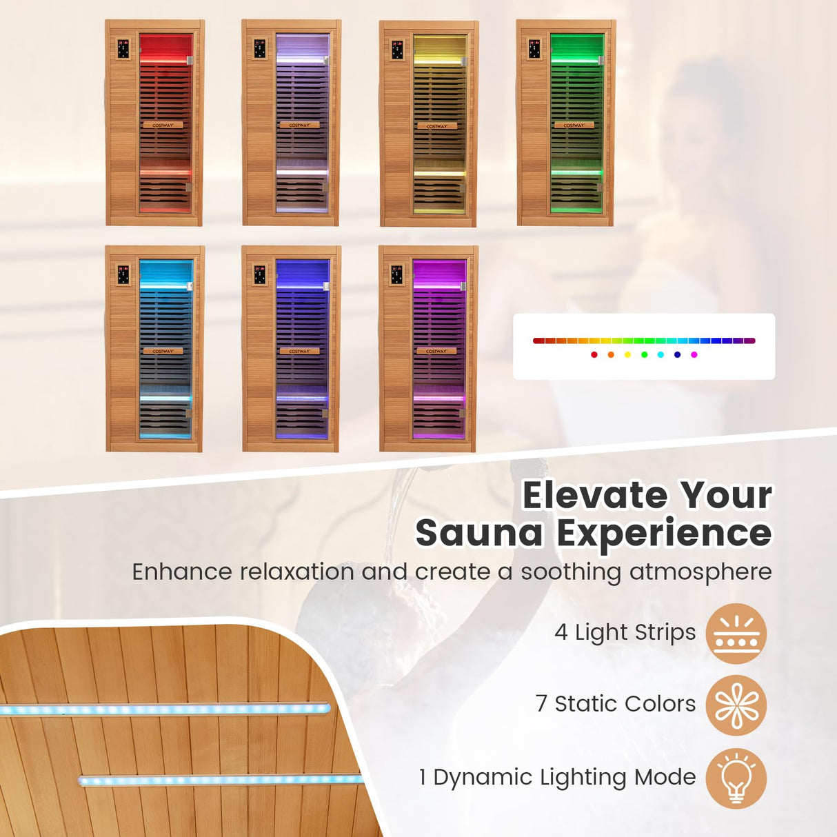 COSTWAY 1-2 Person Far Infrared Wooden Sauna Room, Canadian Hemlock Indoor Low EMF Sauna with Oxygen Ionizer, 9 Carbon Heaters, 4 Light Strips, Tempered Glass Door, Personal Sauna for Home COSTWAY