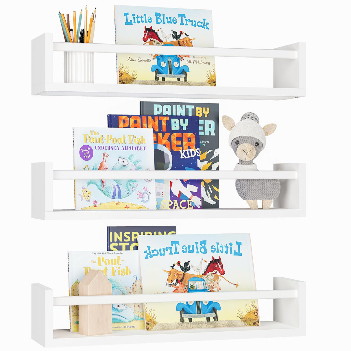 Fixwal Wood Nursery Book Shelves, 16.5 Inch Floating Bookshelves for Wall Set of 3, Baby Kids Decor, Solid Wood Wall Mounted Shelves for Books, Toys and Decor Storage (White) Fixwal