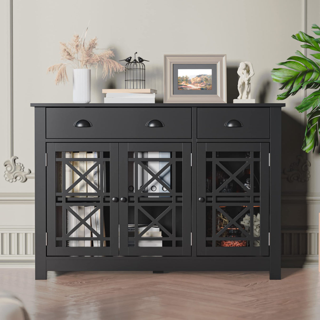 Cozy Castle Modern Buffet Cabinet with Drawers, Wood Sideboard Buffet Cabinet with 3 Acrylic Glass Doors, Freestanding Bar Cabinet, Black Cozy Castle