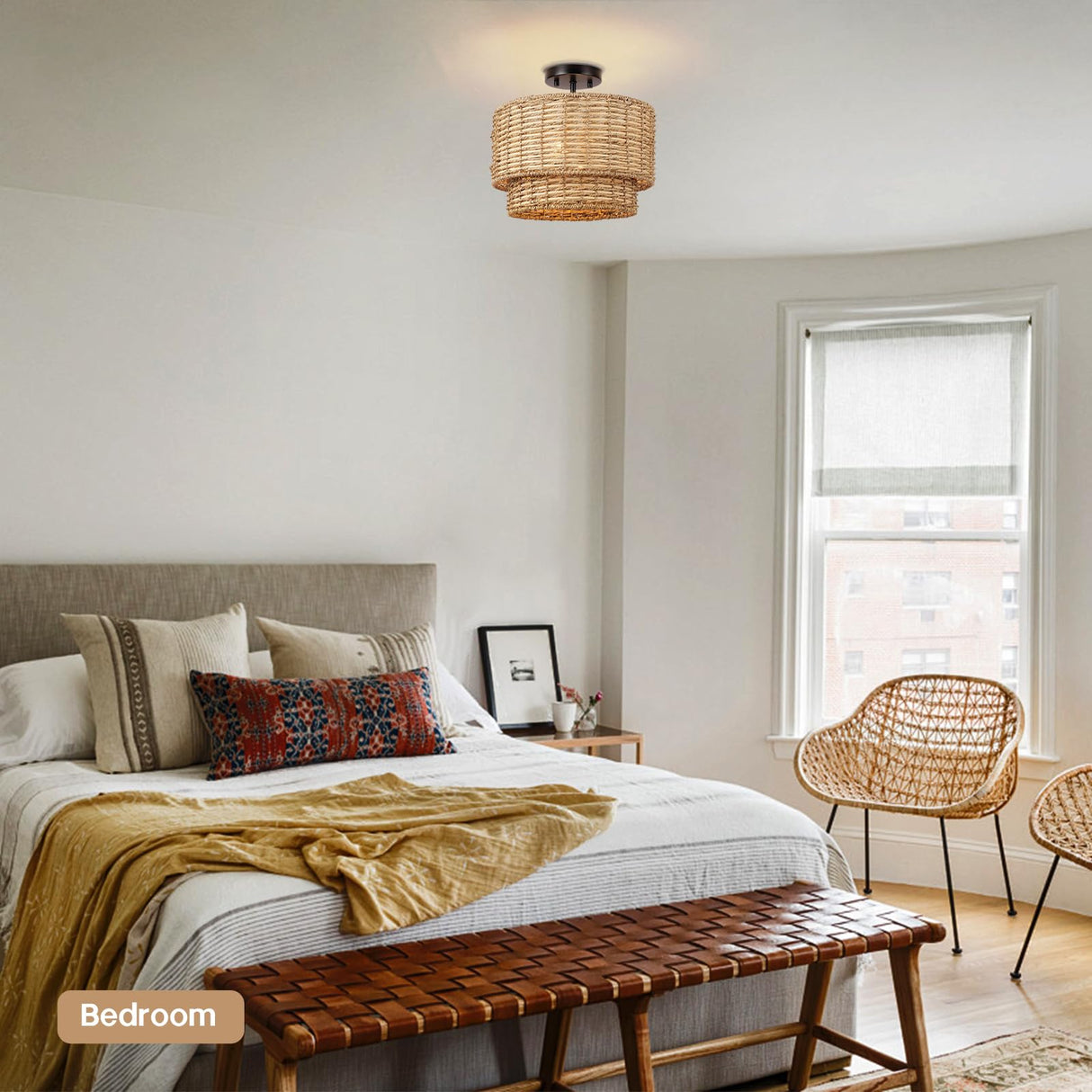 13" Woven Rattan-Style Boho Light Fixture Ceiling Mount,Farmhouse Rattan Semi Flush Mount Ceiling Light,Nursery Light Fixture With 2-Tier Drum Shade,Wicker Flush Ceiling Light for Bedroom Entryway Hermasgi