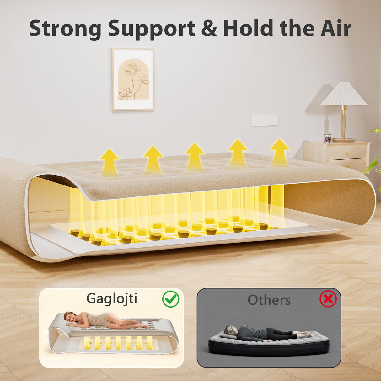 Gaglojti 16" Queen Air Mattress Full with Built in Pump for Camping,Portable Blow up Mattress with Carry Bag,High-Speed Pump,Luxury Inflatable Mattress Comfort Flocked Airbed for Guest,Home(Khaki) Gaglojti