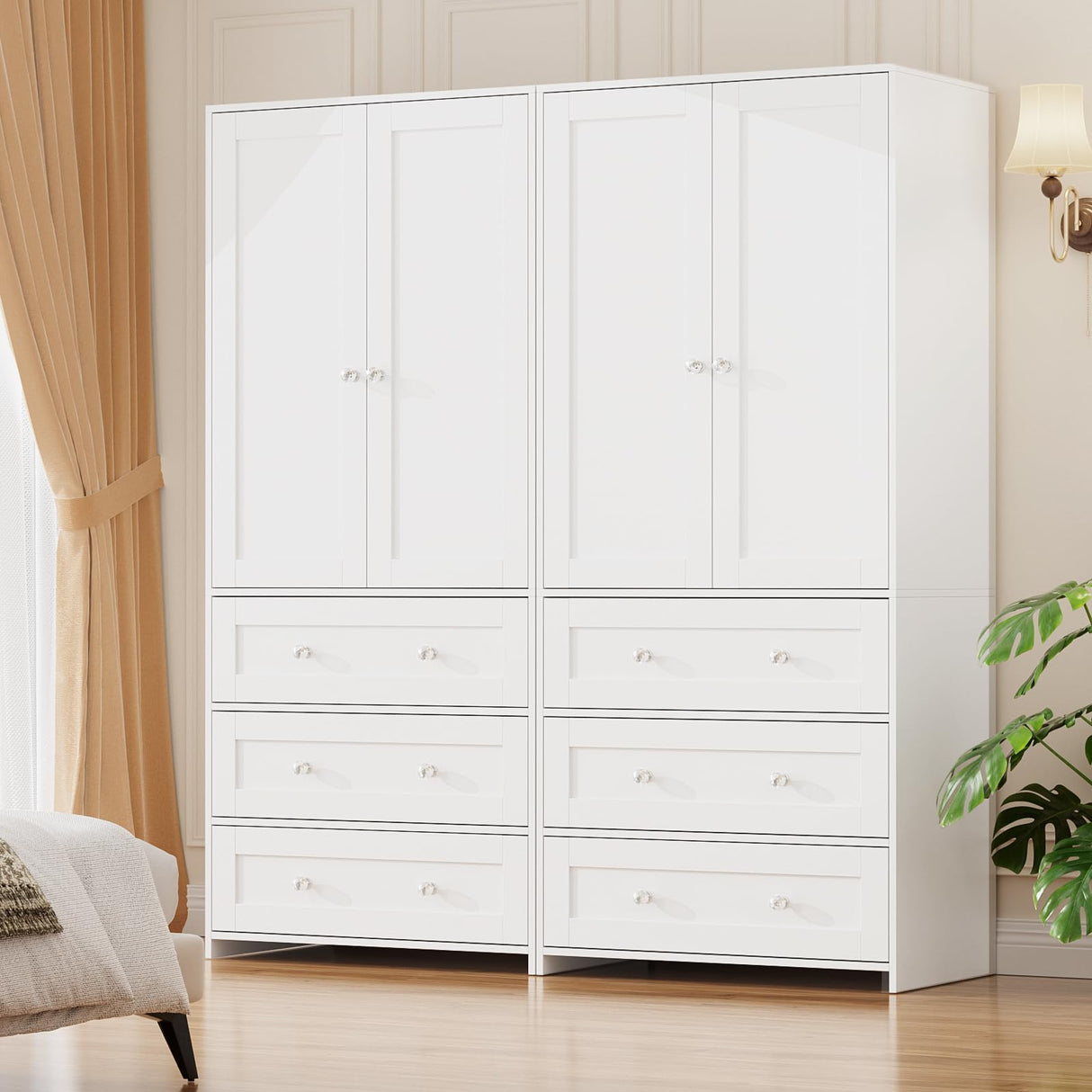VOWNER Armoire Wardrobe Closet with Drawers and Mirror, 71" Clothing Storage Cabinet with Hanging Rod, 2 Doors Wooden Wardrobe Cabinet for Bedroom, Large Capacity Storage, White VOWNER