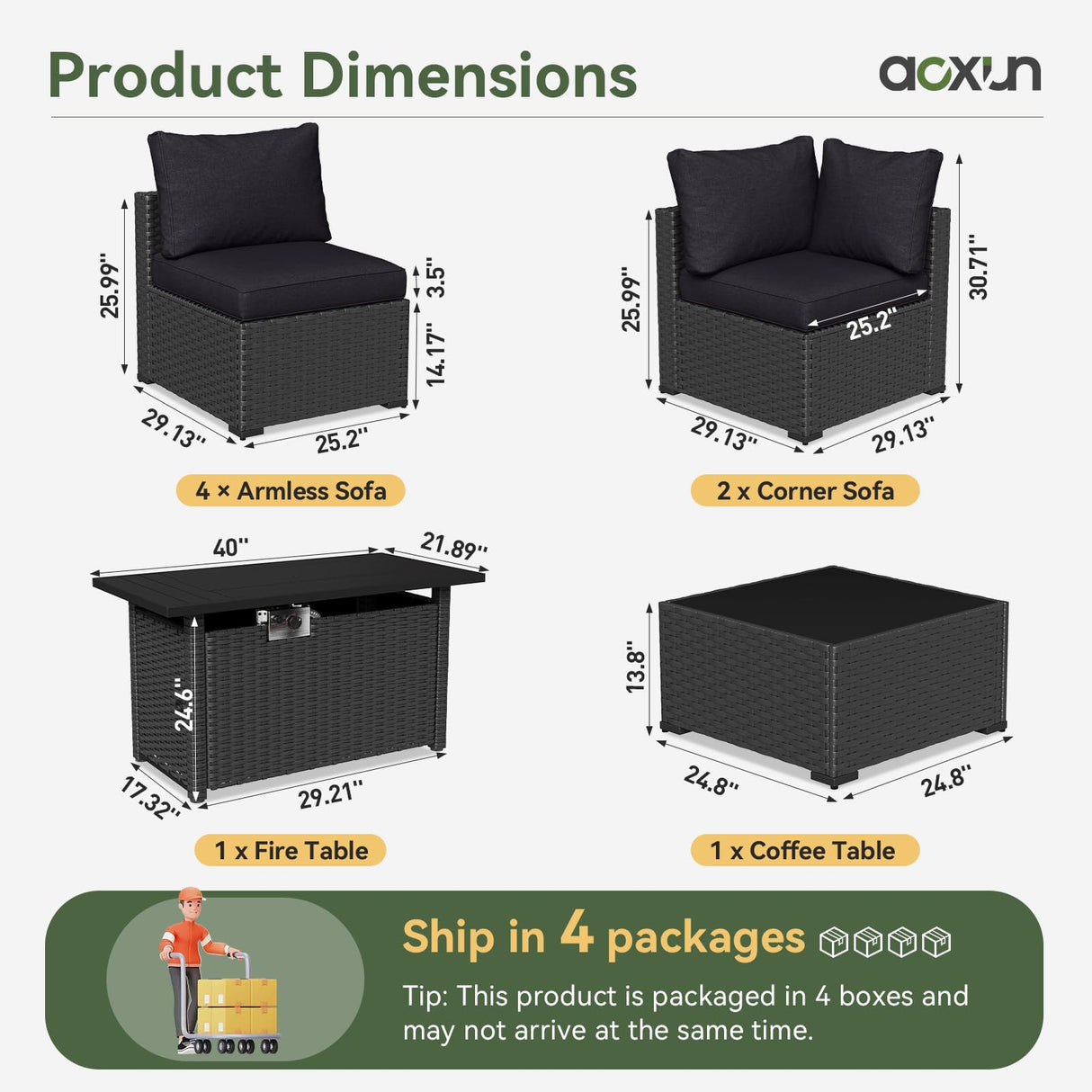 Aoxun 8 Piece Patio Furniture Set with 44” Fire Pit Table Wicker Rattan Patio Sectional Sofa Set Outdoor Seating Furniture with Thickened Cushion, Black Aoxun