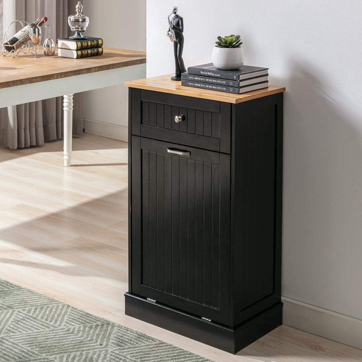 Trash Cabinet Tilt Out Freestanding, Pet Proof Kitchen Trash Cabinet Laundry Hamper with Cutting Board, Wood Garbage Recycling Station Hideaway Trash Holder Drawers (1, Black) Gitua
