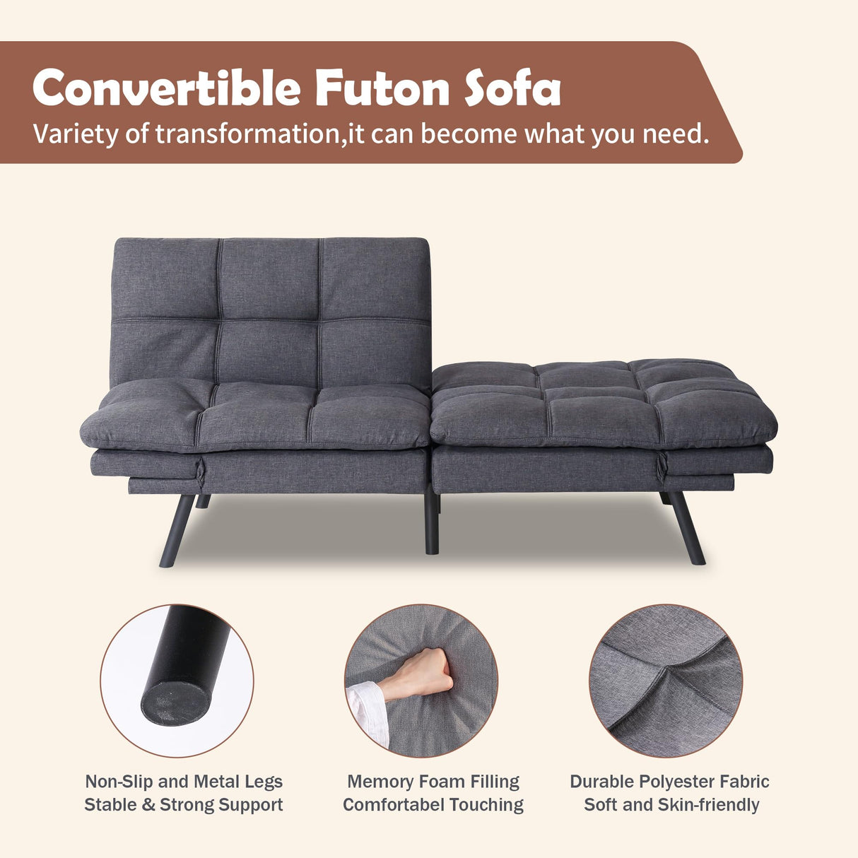 Hcore Futon Sofa Couch Bed,Convertible Futon Couch Bed,Memory Foam Futon Sleeper Sofa,Loveseat Sofa Bed,Small Splitback Polyester Modern Sofa for Living Room,Office,Apartment,Dark Grey Hcore