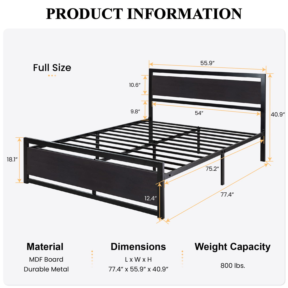 SHA CERLIN Full Size Bed Frame with Modern Headboard, Heavy Duty Platform Metal Base with Square Footboard and 13 Strong Slats Support, No Box Spring Needed, Black SHA CERLIN