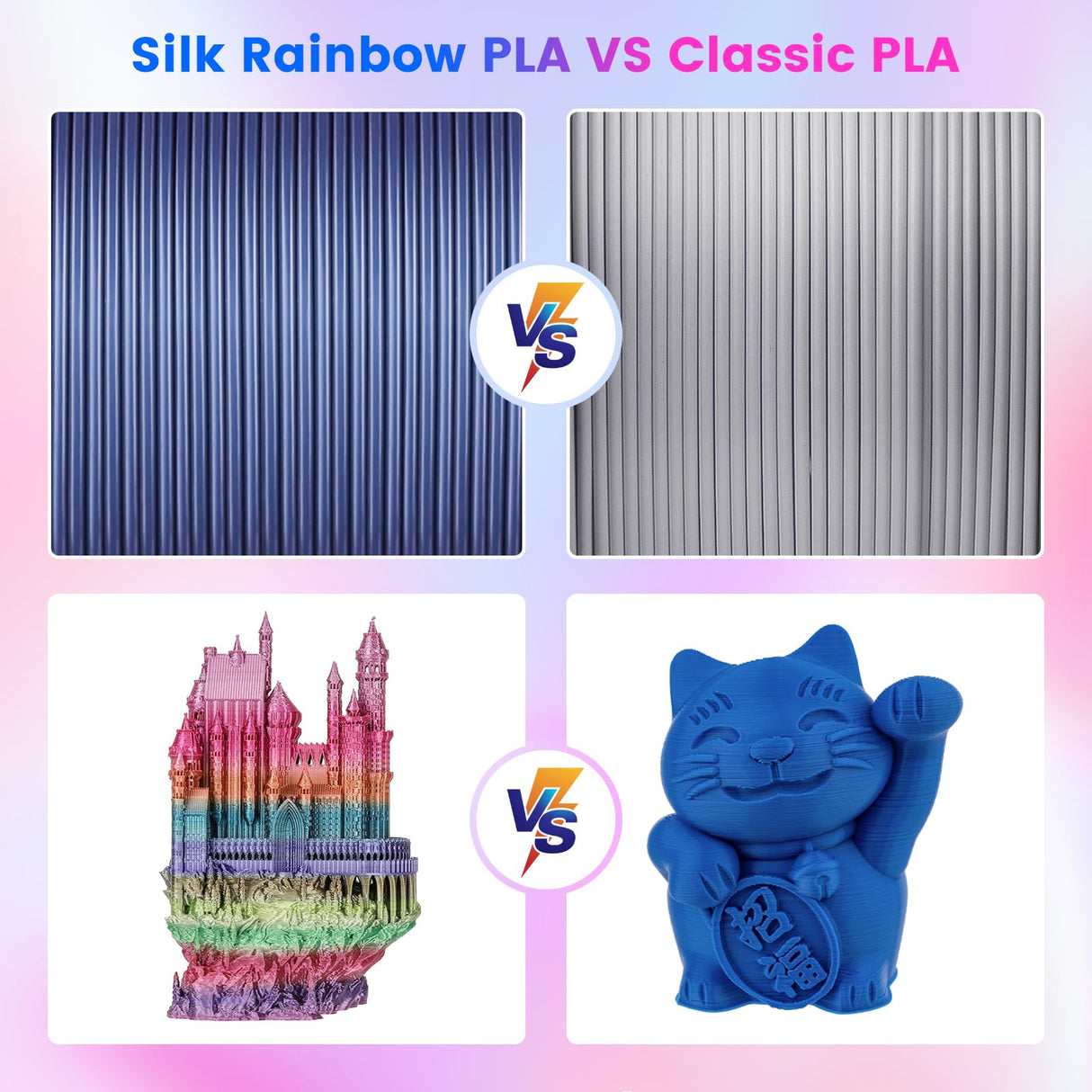 Comgrow Rainbow Colors Silk PLA 3D Printer Filament, Rainbow PLA Filament 1.75mm, Dimensional Accuracy +/- 0.02 mm, 1KG Spool, Coextrusion 3D Filament with Shiny Silk Rainbow Red Comgrow