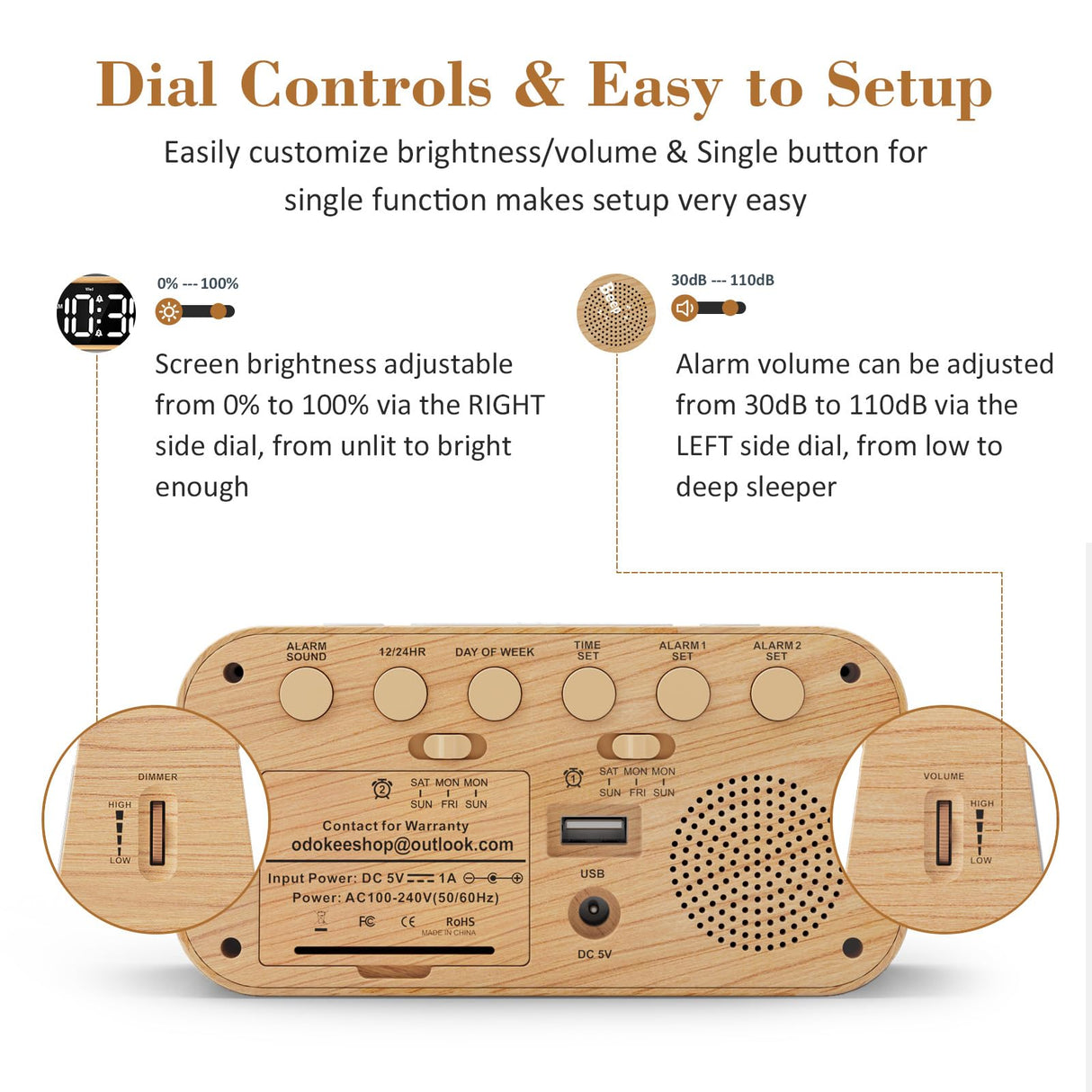 Odokee Digital Dual Alarm Clock for Bedroom, 0-100% Dimmer, Weekday/Weekend Mode, Easy to Set, USB Charger, Adjustable Alarm Volume with 5 Alarm Sounds, Snooze, 12/24Hr, Battery Backup (Wood Grain) Odokee