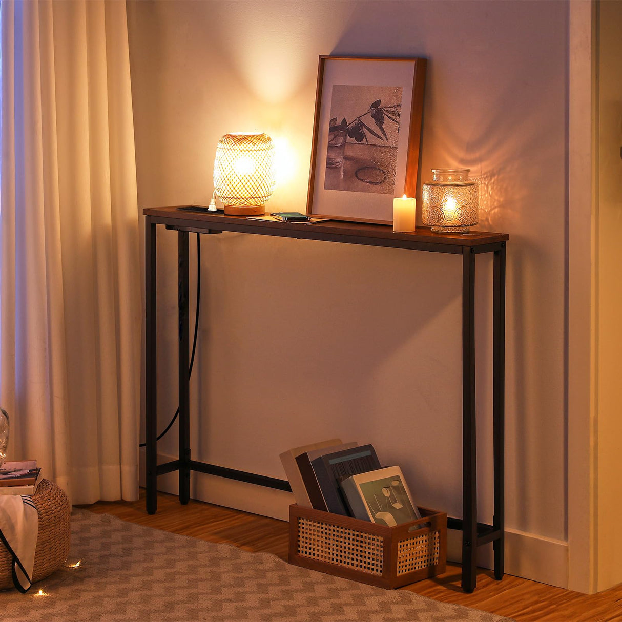 HOOBRO 39.4" Skinny Console Table with Power Outlets, 5.9" Behind Couch Table with Charging Station, Narrow Sofa Table, Long and Thin Table for Entryway, Living Room, Rustic Brown BF51UXG01 HOOBRO