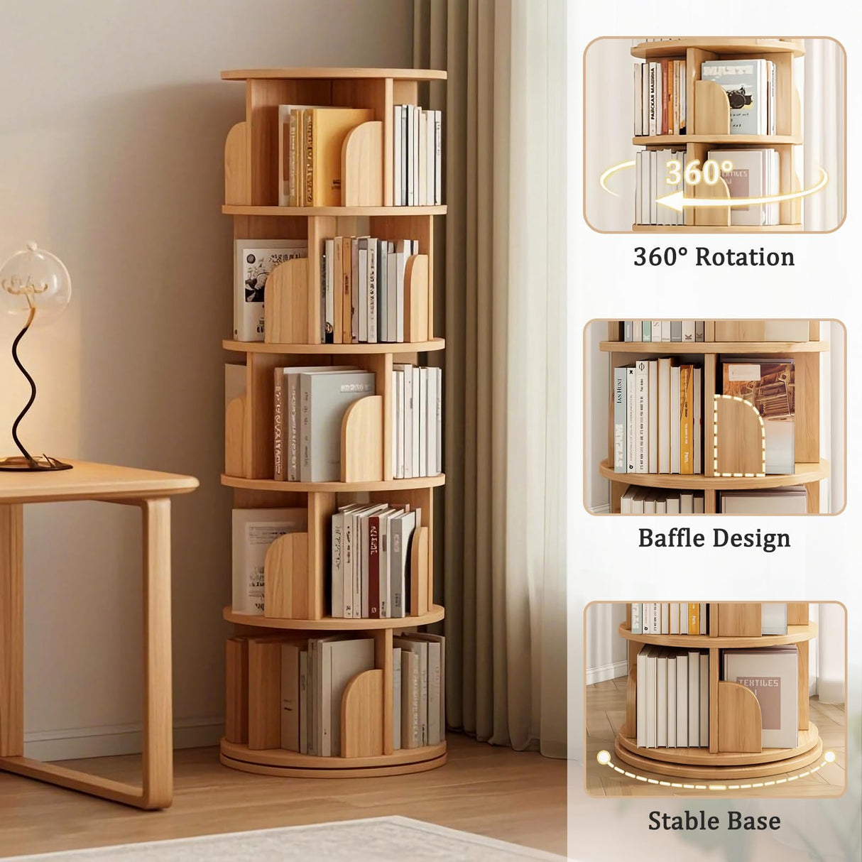 LKTART 5 Tier Rotating Bookshelf, 360° Spinning Book Shelf Tower, Space-Saving, Narrow Rolling Bookshelves for Small Space, Corner, Bedroom, Office, Natural LKTART