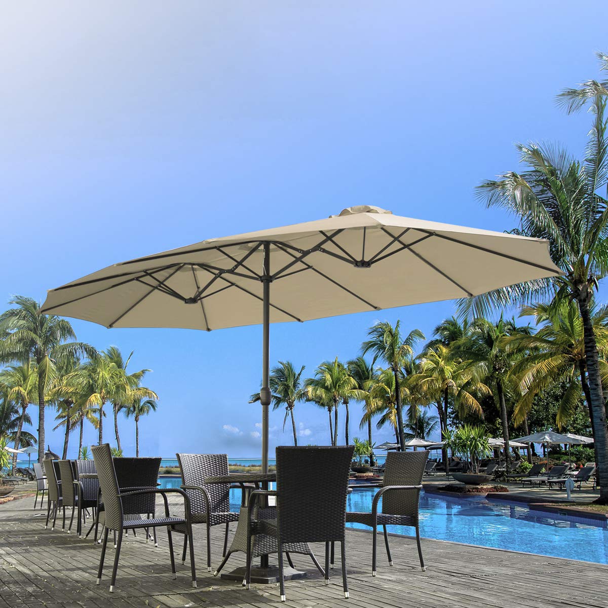 AECOJOY 15x9ft Double-Sided Patio Umbrella Outdoor Market Umbrella Large Umbrella Table Umbrellas with Crank Air Vents for Deck Pool Patio (1.9" Pole, Beige) AECOJOY