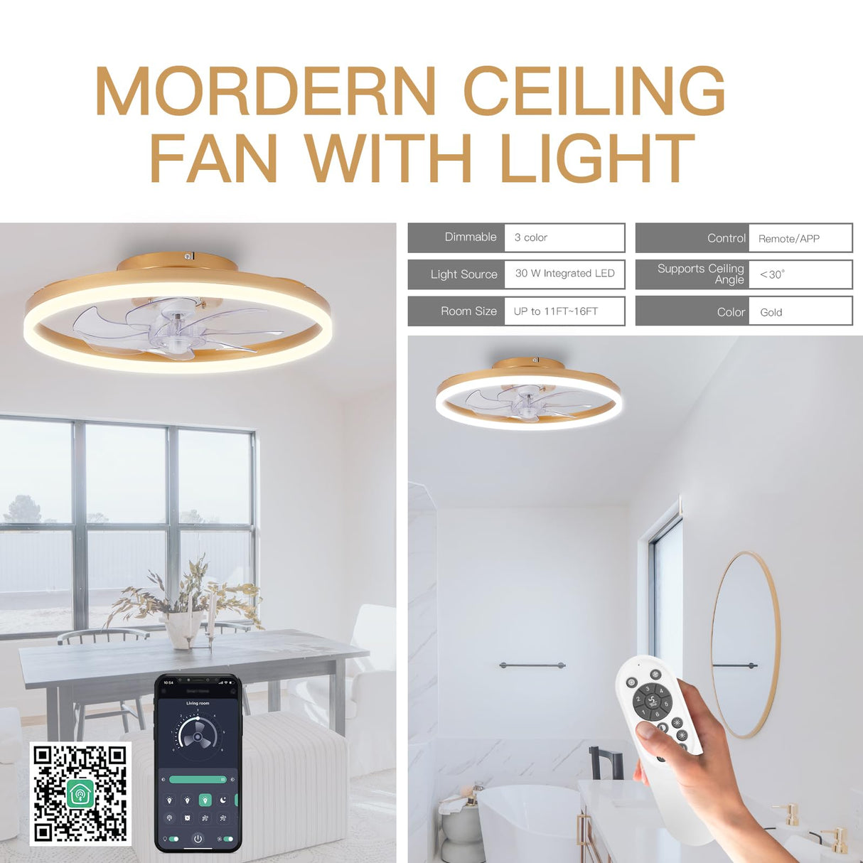 STERREN Modern Gold Ceiling Fans with Lights,20" Dimmable Flush Mount Low Profile Ceiling Fans with Remote Control,Indoor Smart Ceiling Fan with Light for Bedroom STERREN