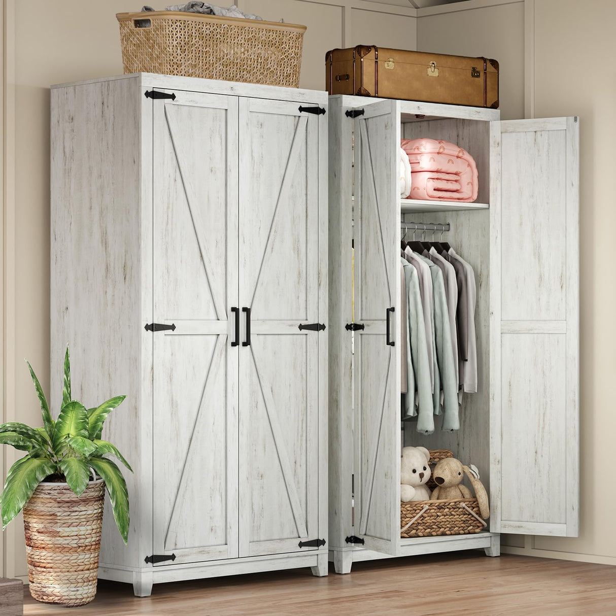 AMERLIFE Set of 2 Farmhouse Armoire Wardrobe Closet with 2 Barn Doors, 71'' Storage Cabinet with Shelf & Hanging Rod, Versatile Clothing Storage for Bedroom, Distressed White AMERLIFE