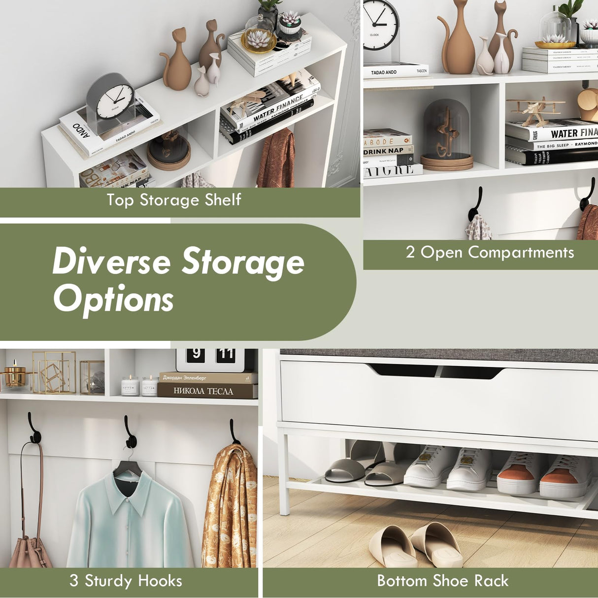 Tangkula 69 Inches Hall Tree, 4-in-1 Coat Rack with Bench and Shoe Storage, Seat Cushion, Open Compartments, Hooks, Lift-top Storage, Entryway Bench with Anti-toppling Devices (White) Tangkula