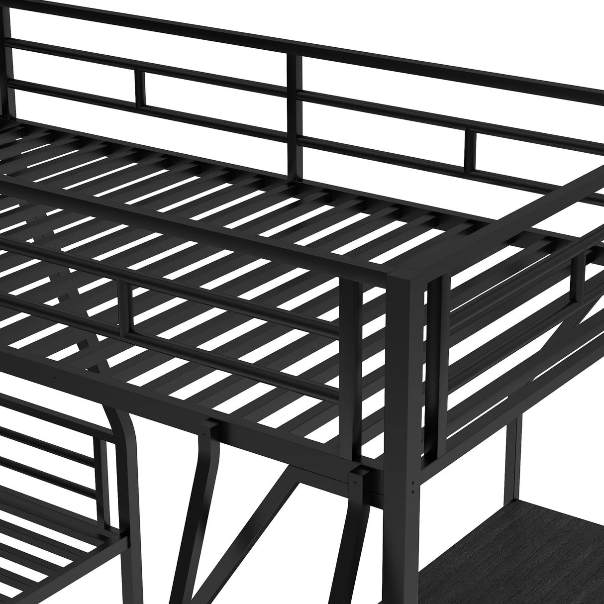 JIJIWANG Metal Triple Bunk Bed L Shaped for 3, Twin Over Full Bunk Bed with a Desk and Twin Size Loft Bed Attached, Noise Reduced Structure, Black JIJIWANG
