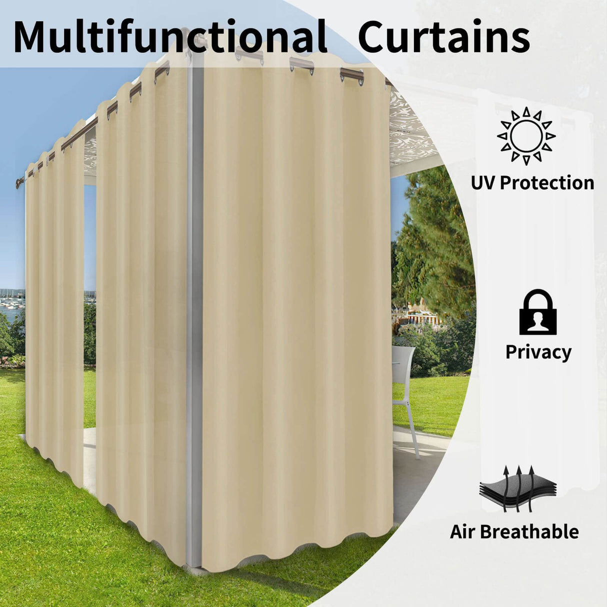 OutdoorLines Waterproof Indoor Outdoor Curtains for Patio-Privacy Sun Blocking Grommet Curtain Panel Weatherproof, UV Resistant Curtains for Gazebo, Front Porch, Pergola Beige 52W x 84L Inch 1 Piece OutdoorLines