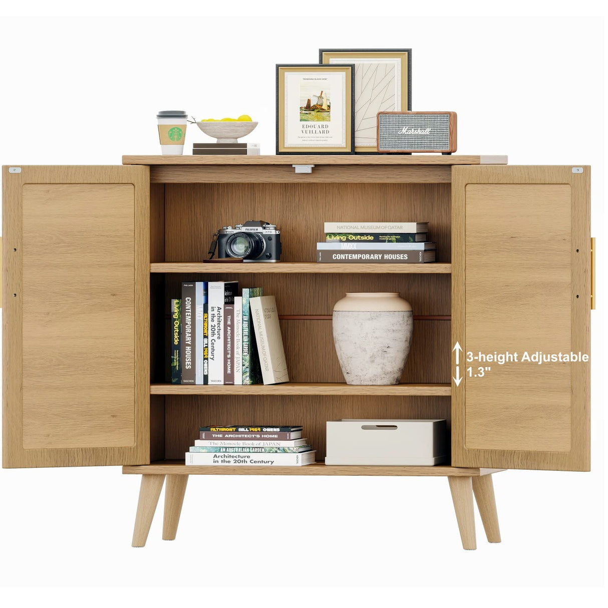 Rovaurx Rattan Storage Cabinet with Doors, Accent Bathroom Floor Cabinet, Modern Sideboard Buffet Cabinet for Living Room, Entryway, Dining Room and Kitchen, Natural BMGZ108M Rovaurx