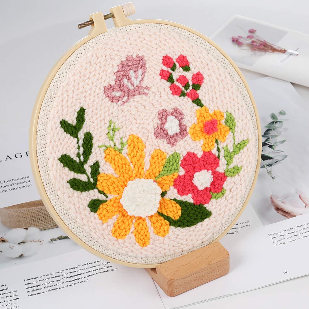 Pllieay Punch Needle Embroidery Starter Kits for Kids and Adults Beginners, Include Instructions, Punch Needle Fabric with Floral Pattern, Yarns, Embroidery Hoops and Threader Tools Pllieay