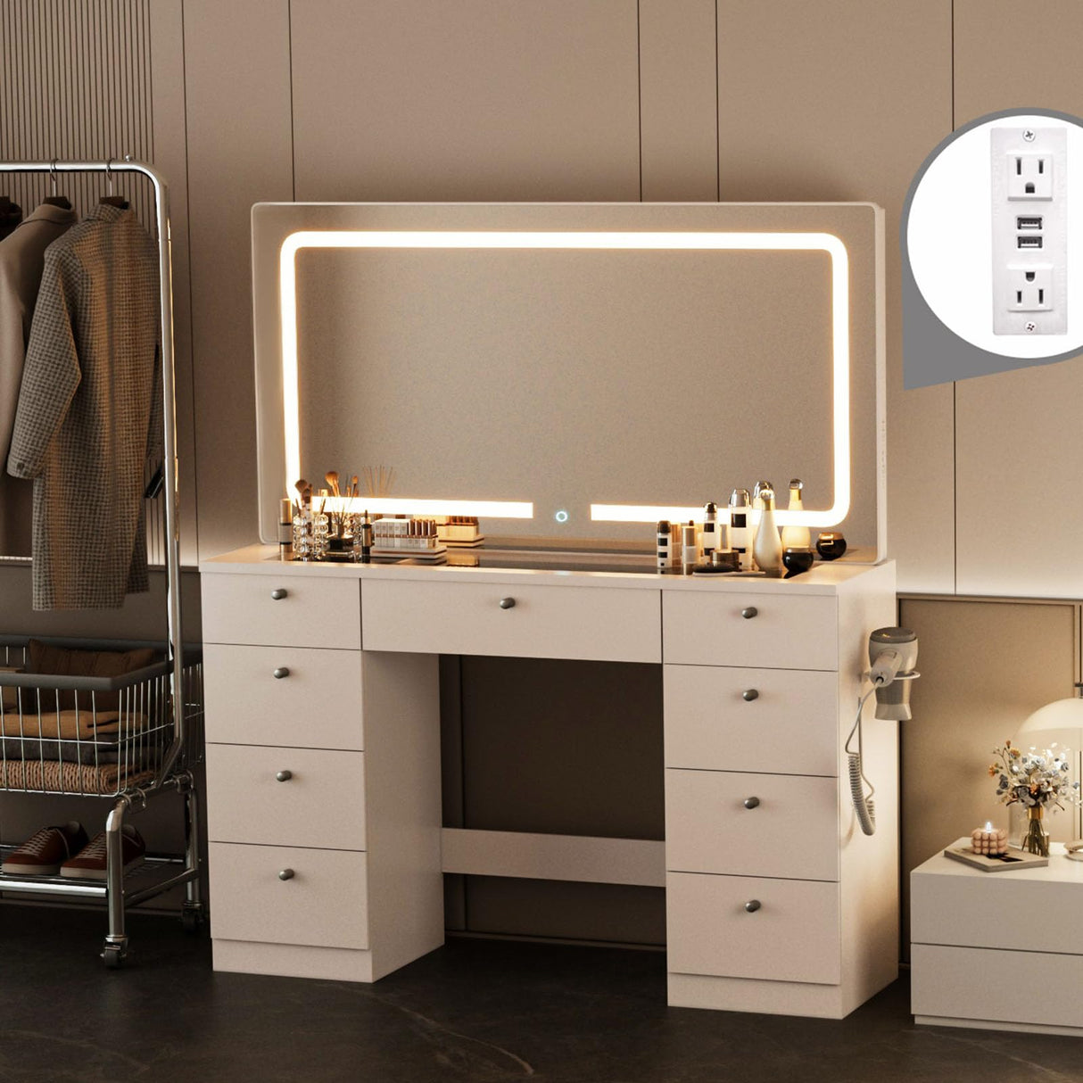 JassmiPkwy 46 INCH Makeup Vanity Desk with Mirror - Glass Tabletop Vanity Table with Lights, Drawers, Power Outlet, Large Storage Desk for Bedroom, White JassmiPkwy