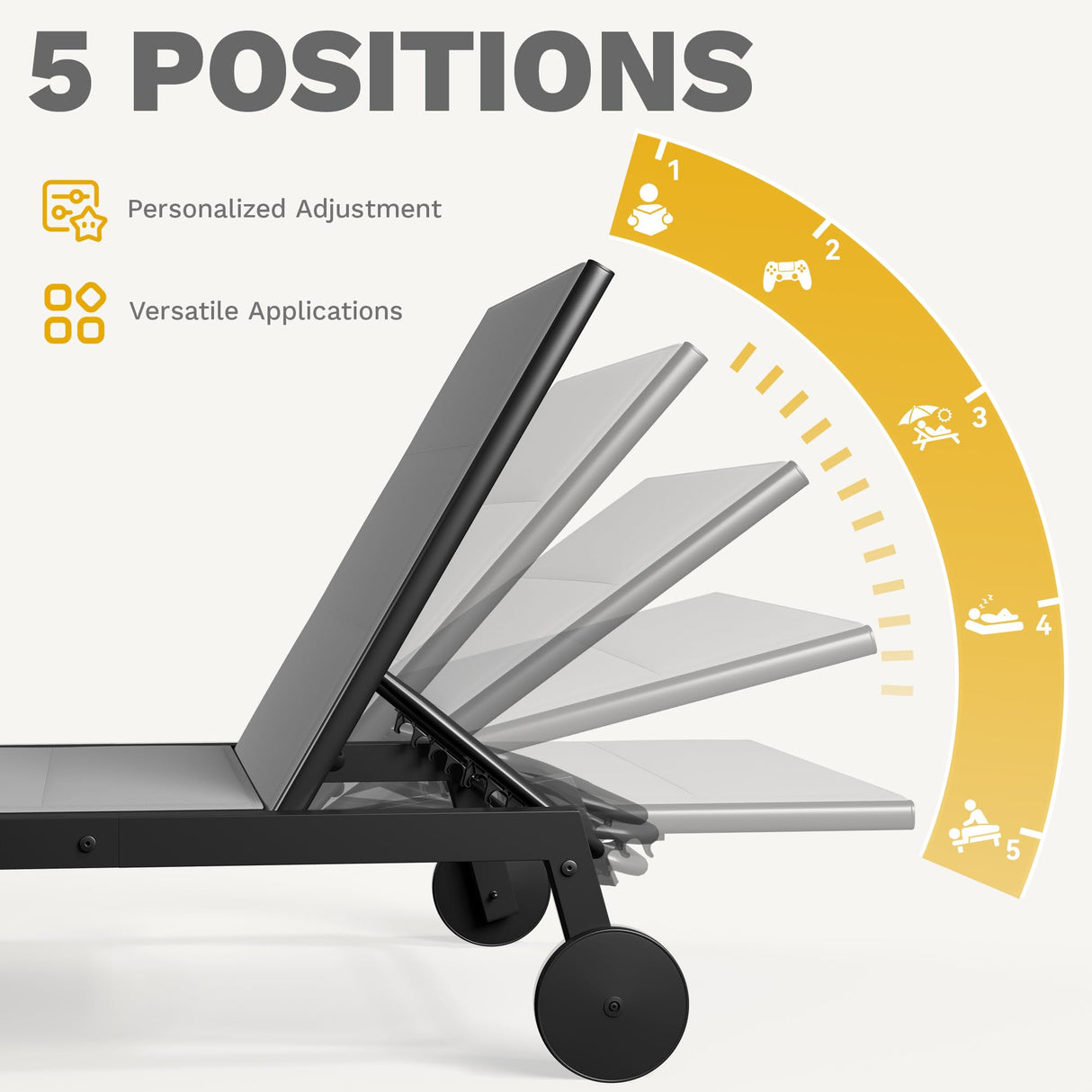 DWVO Outdoor Chaise Lounge Set, 2 Patio Chaise Lounge Chairs with Side Table, Padded Textile Pool Loungers with 5-Level Backrest and Wheels for Beach, Lawn, Porch, Garden (Grey) DWVO