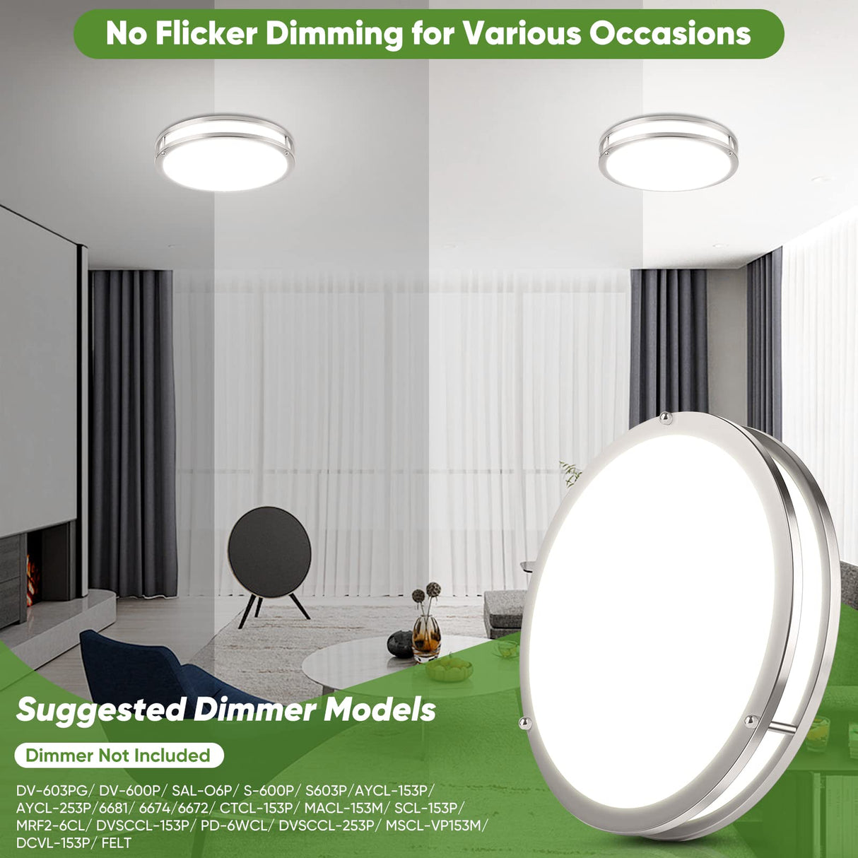 36W LED Ceiling Lights for Bedroom Kitchen, 3600lm Super Bright, Dimmable Flush Mount Light Fixtures 6500K/5000K/4000K/3000K/2700K Adjusted Modern Lamps 2PACK, 13 Inch, Nickle TOBUSA