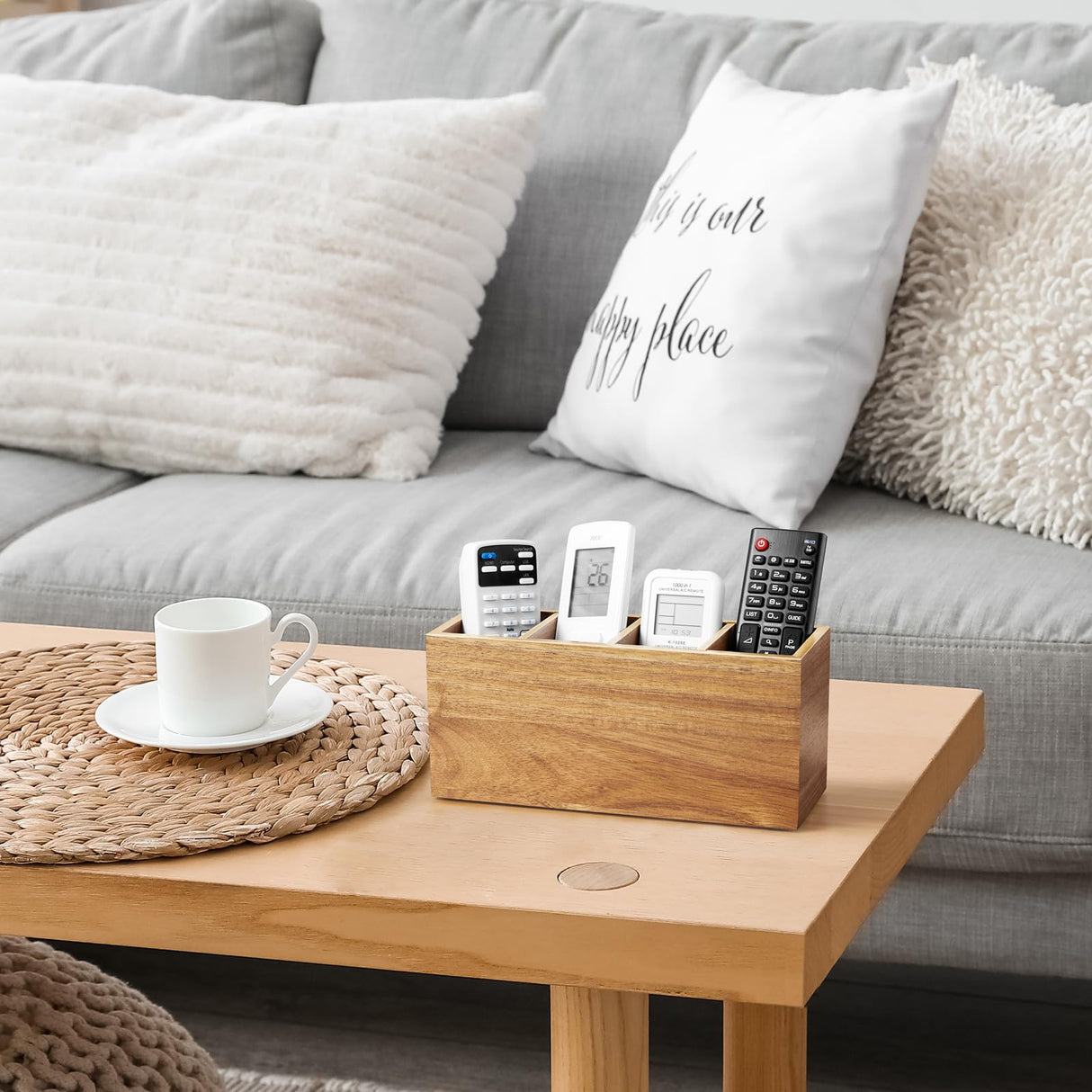 Bivvclaz Pencil Pen Holder for Desk, Acacia Wood Office Desk Organizers and Accessories with 4 Slots for Countertop, Makeup Brush Holder Organizer for Bathroom Vanity, Silverware Caddy for Party Bivvclaz