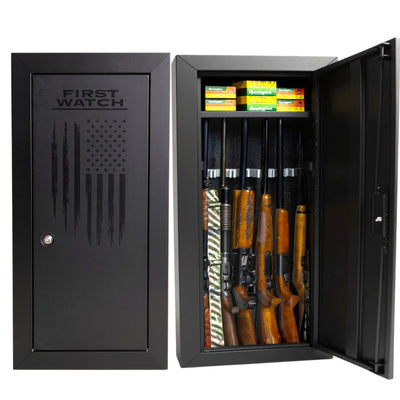 First Watch 8-Gun Security Cabinet, Steel Storage Safe with Lock, American Flag Design, Black