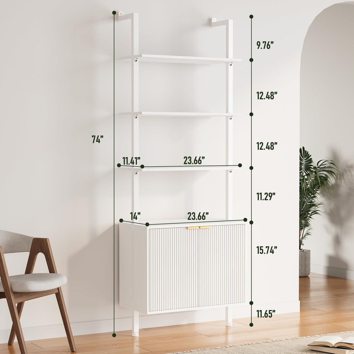 INNOD 74" Tall Bookshelf with Storage Cabinet, Modern Ladder Shelf with Wood and Metal Frame, Wall Mount Bookcase Open Display Shelf Furniture for Living Room, Bedroom, Home Office, White INNOD
