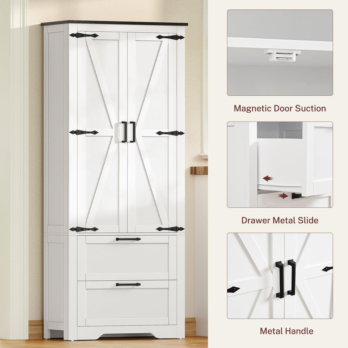 TEENFON 66.2" H Storage Cabinet with 2 Drawers, Farmhouse Kitchen Pantry Cabinet with 2 Doors & Adjustable Shelf, Bathroom Cabinet, for Living Room, Kitchen, Bathroom, White TEENFON