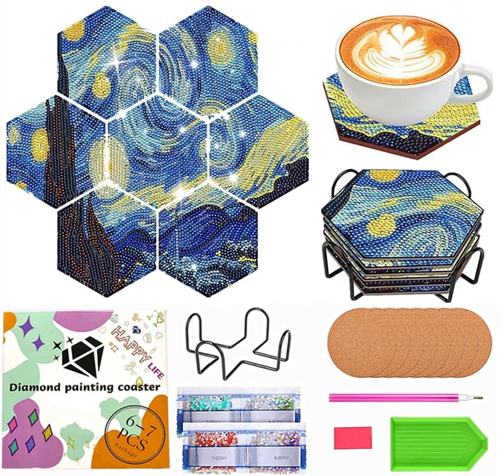 Diamond Art Coasters Van Gogh Starry Night, 7 PCS Diamond Art Hexagonal Coasters with Holder, Small Diamond Painting Kits for Adults Beginners NUFTVI