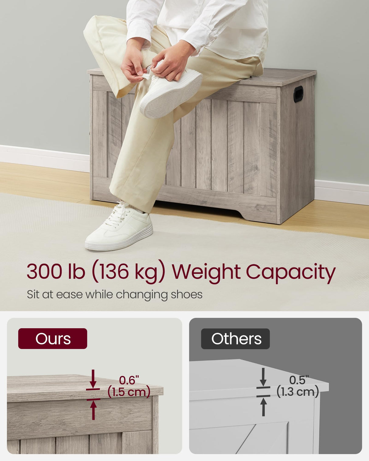 VASAGLE Storage Chest, 29.9 Inches Width Storage Bench, Entryway Bench with 2 Safety Hinges, Shoe Bench, Farmhouse Style, for Entryway, Bedroom, Living Room, Heather Greige ULHS011K01 VASAGLE