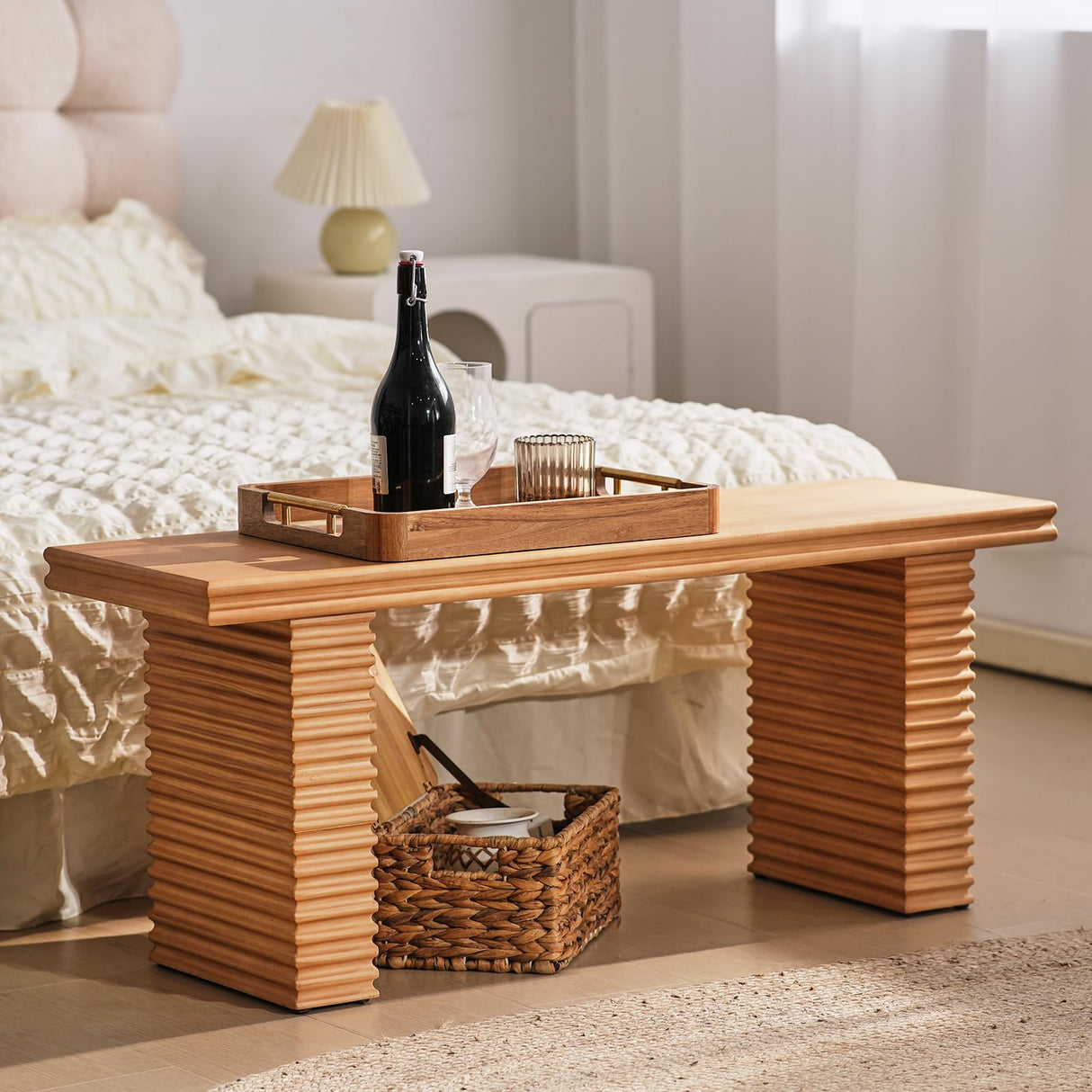 Wnutress Wood Entryway Benches, 42.5" Fluted Farmhouse Dining Bench Seat for Kitchen, End of Bed, Living Room, Hallway, Easy Assembly, Indoor, Natural Wnutrees