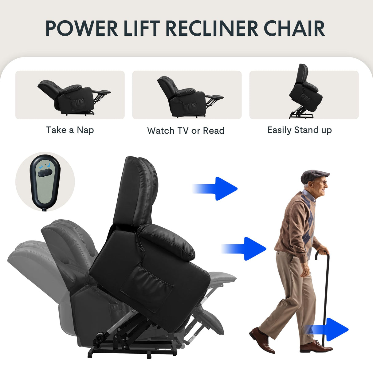 FLEXISPOT XL31 Power Lift Recliner Chair for Elderly, Oversized Electric Leather Lift Chair with Cup Holders, Side Pockets, Massage Reclining Chair Sofa for Living Room Bedroom (Black) FLEXISPOT