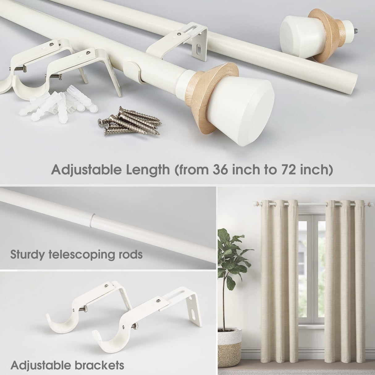 SKYPLUS LIVING Nordic Style White Single Curtain Rod Set with Decorative Finials, 36-72 inch, Standard Single Drapery Rod for 1 Pack, 1 Inch diameter, Adjustable Length (36-72'', White) SKYPLUS LIVING