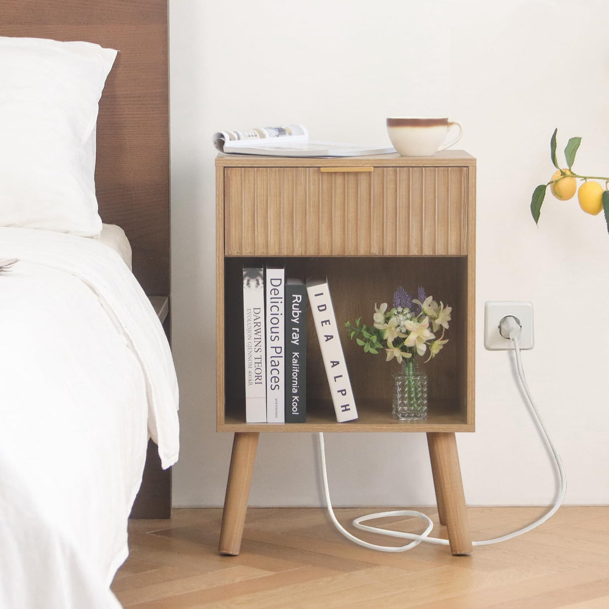 Fultyle Wood Nightstand with Charging Station, Bedside Table with Fluted Drawers and Outlet, Boho Night Stand for Bedroom, Living Room, Office (Rustic Walnut) Fultyle