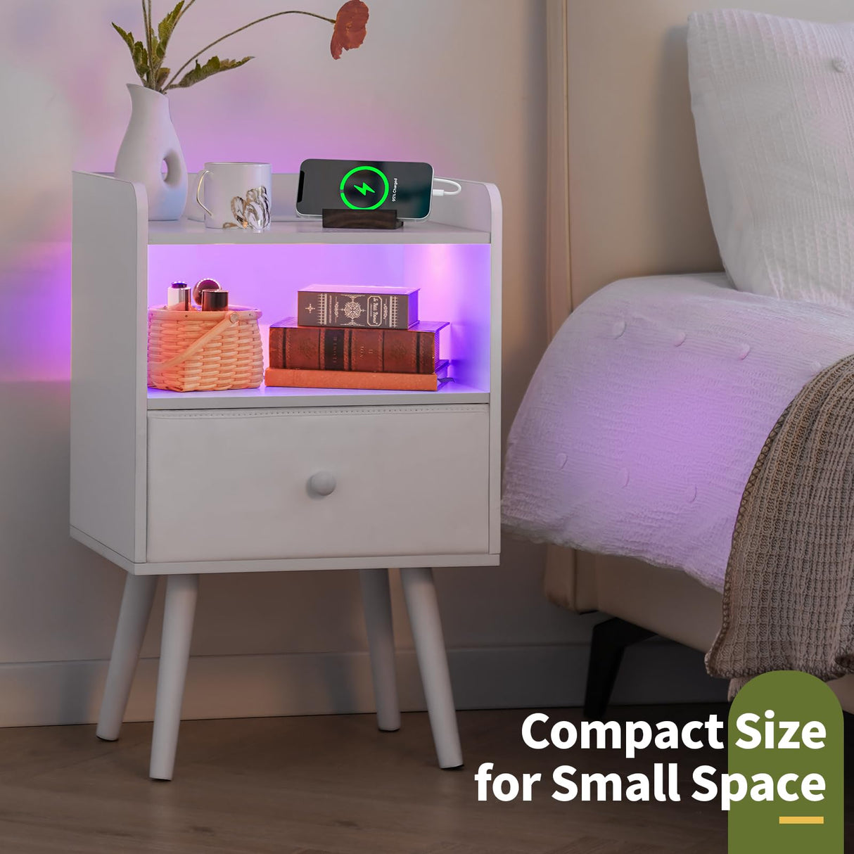 Yoobure Nightstand with Charging Station, Modern Night Stand with LED Lights, Wood Nightstands with Fabric Drawer & Storage Shelf, Night Stands Bedside Table with USB Ports for Bedroom, Office, Home Yoobure