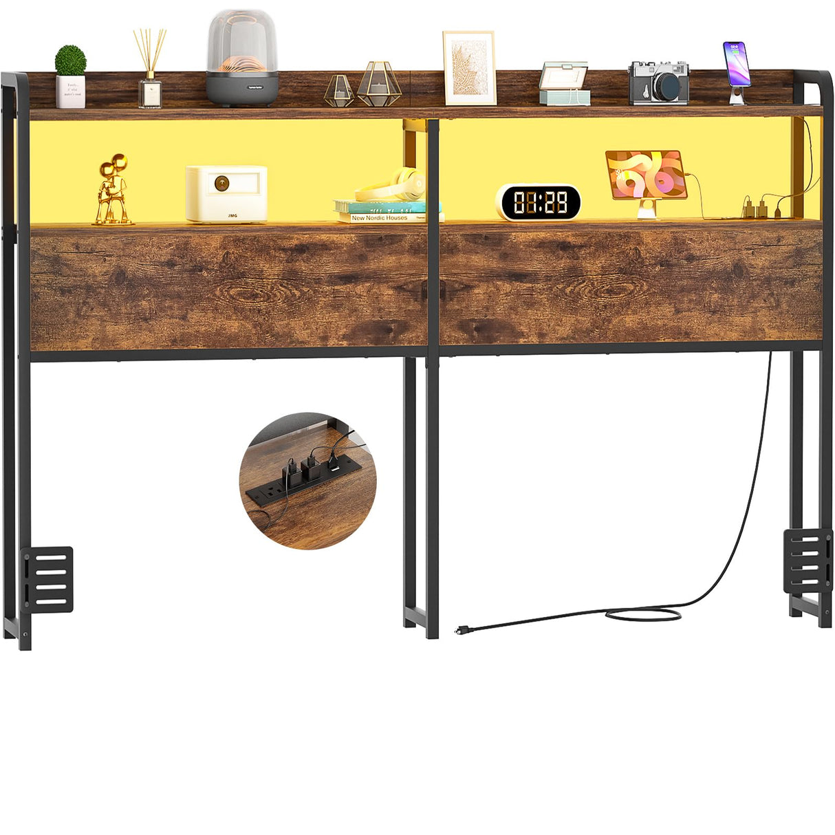 Aheaplus Queen Size Headboard with USB Ports, Outlets, LED Lights, and Storage in Rustic Brown Aheaplus