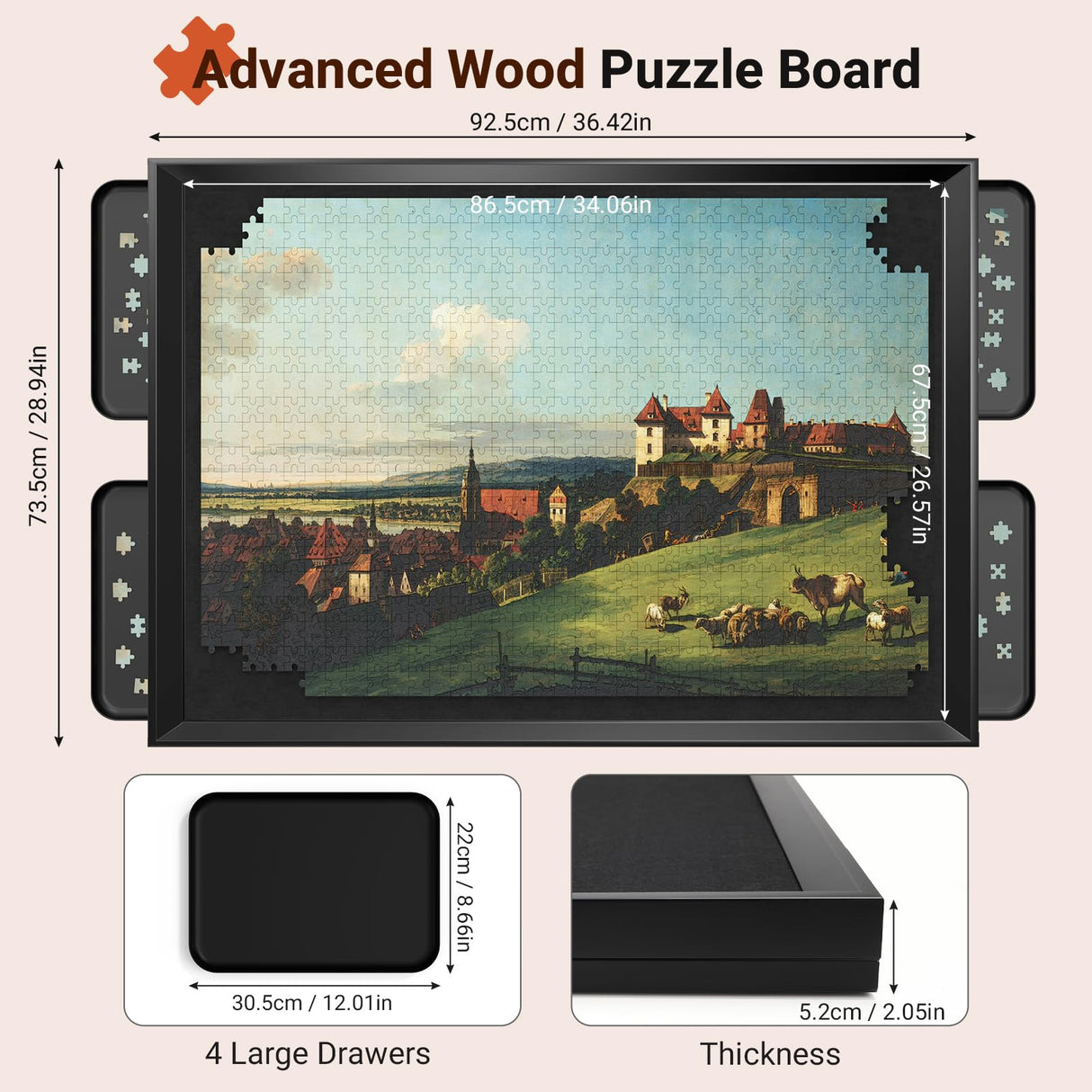 1500 Pieces Move & Rotating Puzzle Board with Drawers,36.42" x 28.94" Portable Jigsaw Puzzle Table for Adults, Wooden Puzzle Board with Covers & Wheels, Birthday Gifts for Mom HEBESPACE