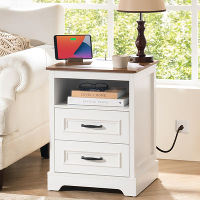 Curlaky Farmhouse Nightstand with Charging Station, Wood Night Stand with Drawers, Bedside Table, Nightstands with Open Storage Shelf, Rustic Night Stands for Bedroom, Closet, 18" Wide, 24" Tall