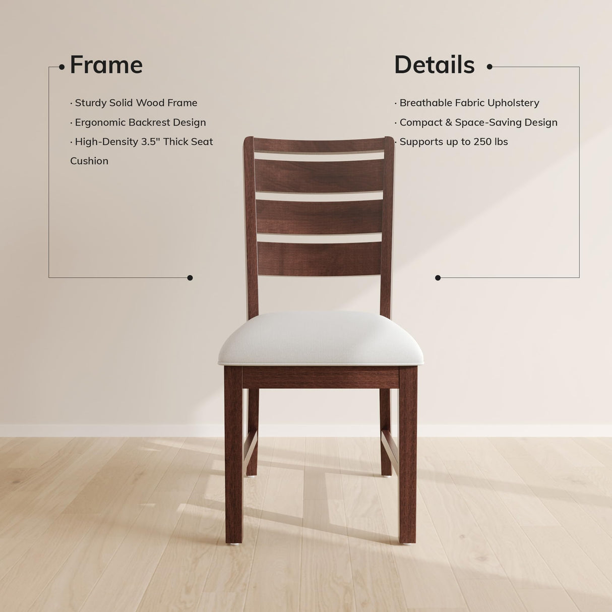 COLAMY Solid Wood Dining Chair Set of 6 with Fabric Upholstered Cushion, Ladder Back Farmhouse Kitchen Chair, Modern Two-Tone Chair for Home and Restaurant, Brown COLAMY