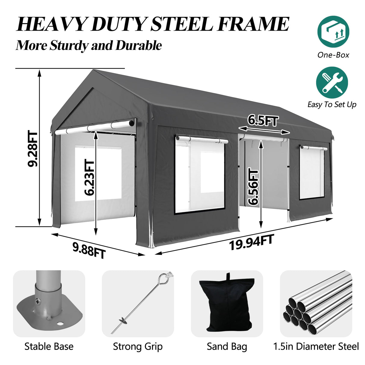 GARTOO Upgrade 10' x 20' Heavy Duty Carport, Extra Large Shelter with Roll-up Ventilated Windows & Side Doors, Portable Garage for Car Boat Truck Auto Shelter Motorcycle Outdoor Events Parties, Gray GARTOO