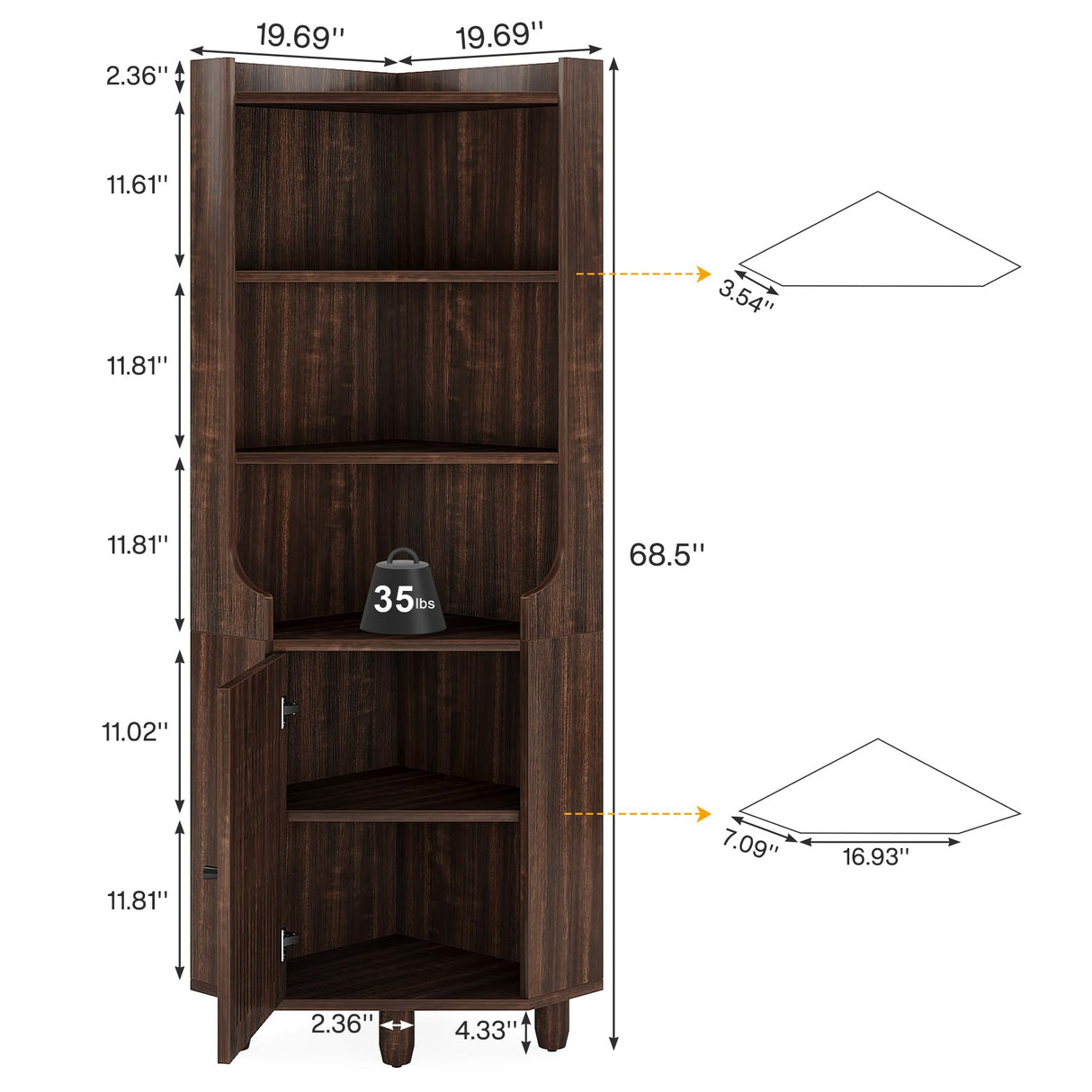 Tribesigns 68-Inch Tall Corner Cabinet, Farmhouse Corner Cabinet with Doors, 6-Tier Storage Cabinet with Removable Shelf for Living Room, Kitchen, Bathroom, Brown Tribesigns