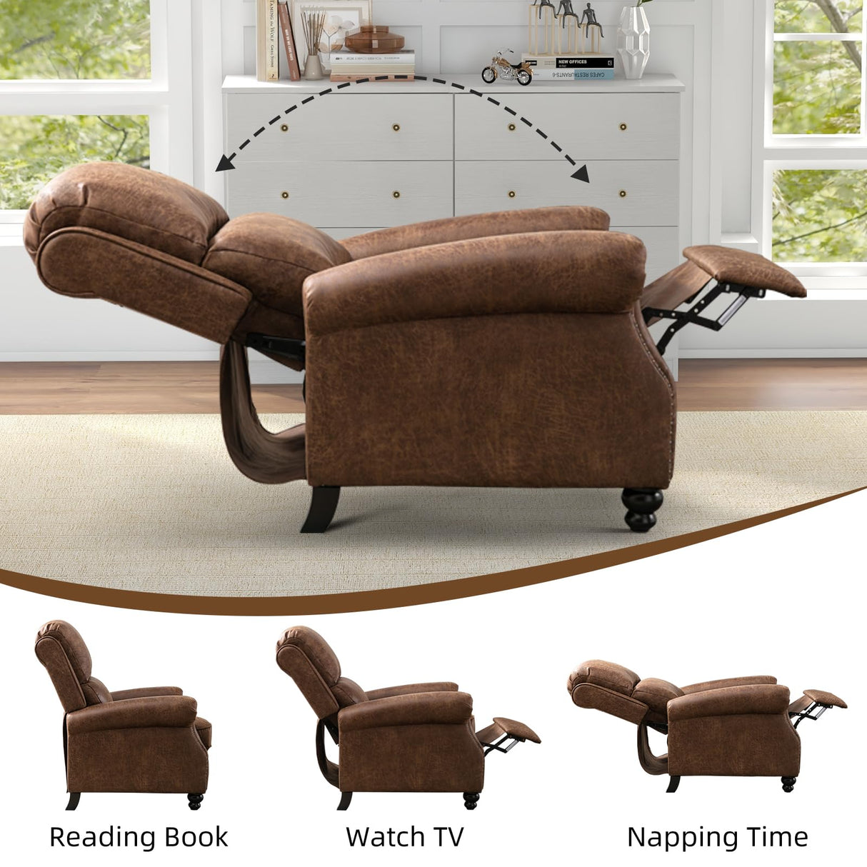 IOMOR Push Back Recliner Chair Faux Leather Lounge Armchair with Rivet Decoration Wingback Single Sofa Chair with Padded Seat Solid Wood Legs for Living Room, Comfy Upholstered Set of 2, Chocolate IOMOR