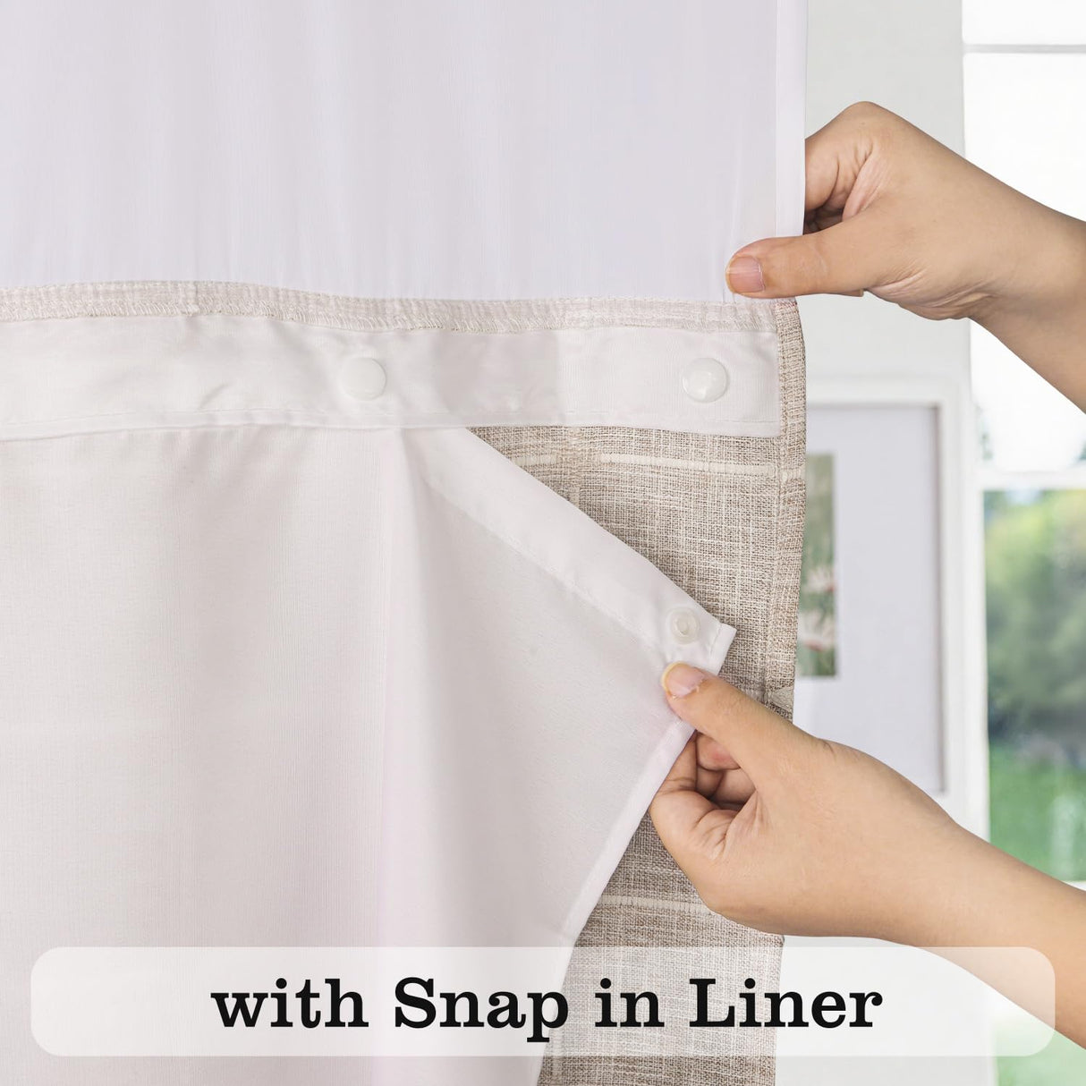 River Dream Farmhouse Linen Textured Shower Curtain with Snap-in Liner Set, No Hooks Needed, with Tassels for Rustic Bathroom Decor,with Window,with Magnets,Linen,71Wx74H River Dream