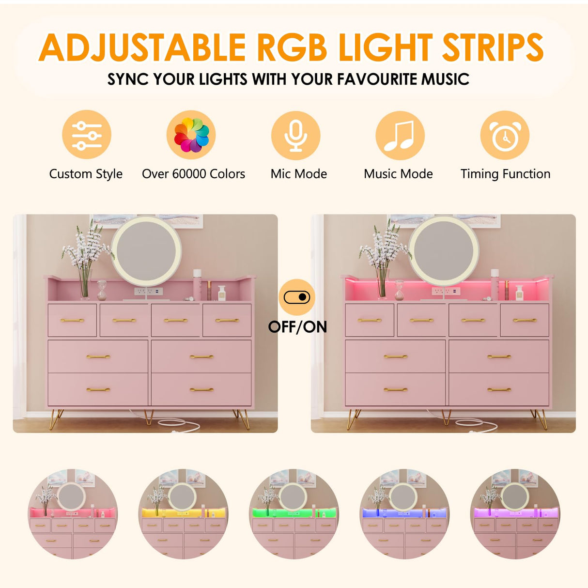 Patikuin Pink Dresser for Bedroom with LED Light & Charging Station, 8 Drawers Wooden Dressers for Women with Open Space, Modern Chest of Wide Drawers for Girls Bedroom Living Room, Entryway, Hallway Patikuin