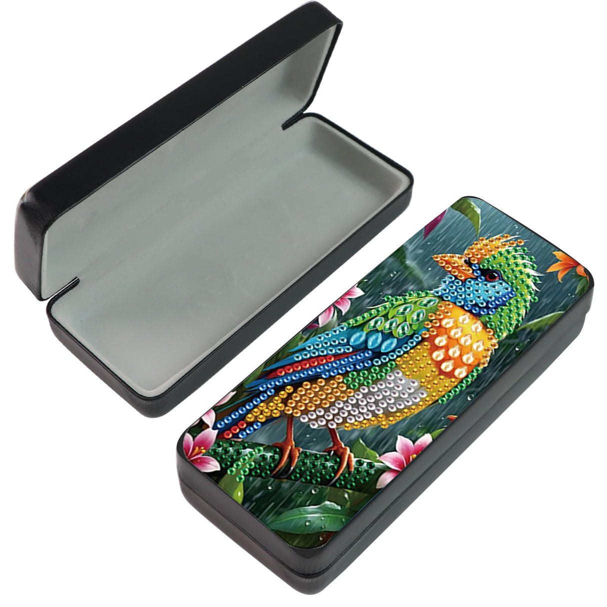 Tontut 5D diamond art painting kit glasses case, green bird DIY glasses storage box, leather handmade diamond craft gift glasses case Tontut